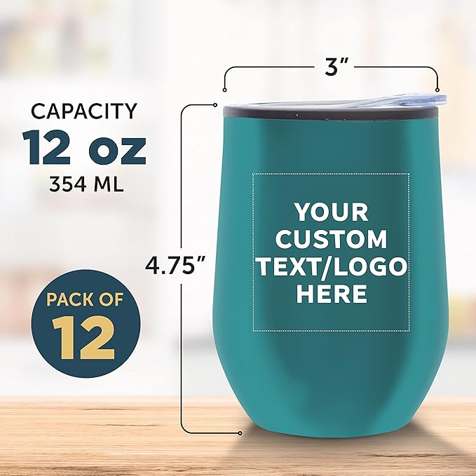 Custom Stemless Wine Tumblers 12 oz. Set of 12, Personalized Bulk Pack - Insulated, Perfect for Wine, Cocktails, Other Hot & Cold Beverages - Teal