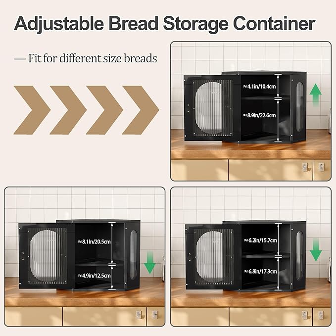 Corner Bread Box, Solid Wood Double Layer Adjustable Large Capacity, Farmhouse Vintage Kitchen Countertop Organizer with Acrylic Window, Black