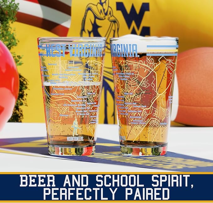 Greenline Goods – University of West Virginia Mountaineers College Pint Beer Glasses (Set of 2), 16 oz – Full-Color Logo + Campus Map