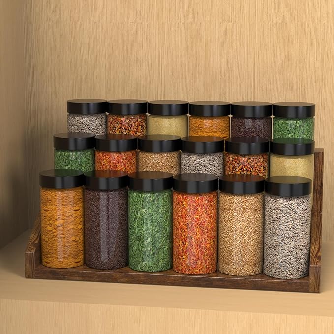 3 Tier Wood Spice Rack Organizer for Cabinet, Super Sturdy Display Riser Shelf Seasoning Organizer for Countertop Pantry Cupboard, Retro Storage Holder for Kitchen Condiment Jar Spice Container