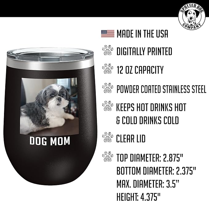Personalized 12oz (17 Colors) Mother's Day Photo Printed Insulated Stainless Steel Powder Coated Stemless Wine Tumbler with Lid, Customized Gift Idea for Her, Custom Coach Gifts Team Mom Dad (Black)
