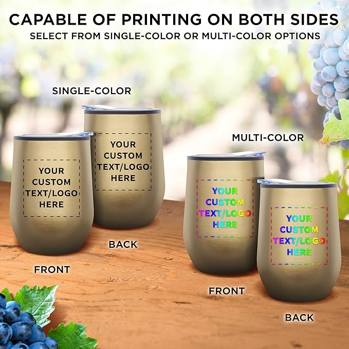 Custom Stemless Wine Tumblers 12 oz. Set of 24, Personalized Bulk Pack - Insulated, Perfect for Wine, Cocktails, Other Hot & Cold Beverages - Gold