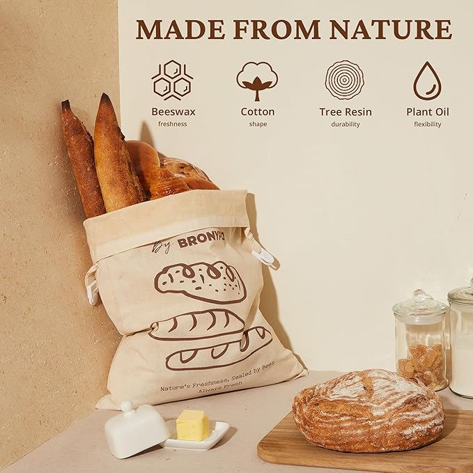 BRONYPRO Beeswax Linen Bread Bags for Sourdough,2 Pack Reusable Waxed Bags for Homemade Bread, Eco-friendly Fresh Sourdough Storage for Gifting, XL Capacity (17x13.5 In, Beige