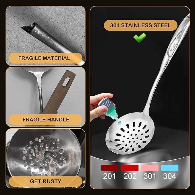 Kitchen Utensils,Contains Soup ladle,Spaghetti Claw,Wok Turner Shovel,Slotted Turner,Colander,Premium Stainless Steel,No rust,Dishwasher Safe