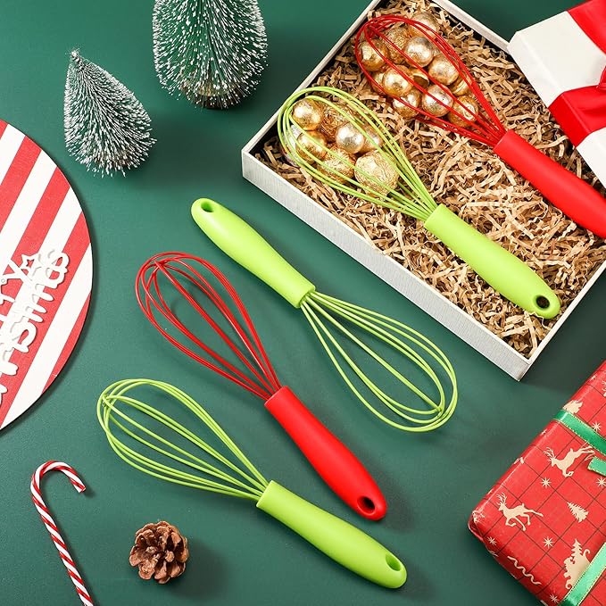 LemonRoad 60 Sets 10 Inch Christmas Whisks Gifts DIY Fillable Christmas Tree Ornaments Red Green Silicone Whisks for Cooking Heat Resistant Egg Beaters Candy Chocolate Holder for Xmas Gifts Favors