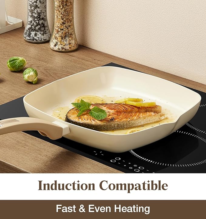 KOCH SYSTEME CS Nonstick Grill Pan for Stove Tops, 11 Inch Square Frying Pan with Lid, Ultimate Ceramic Coating Grill Skillet with Bakelite Handle, Induction Griddle Pan, PFOA Free, Cream White