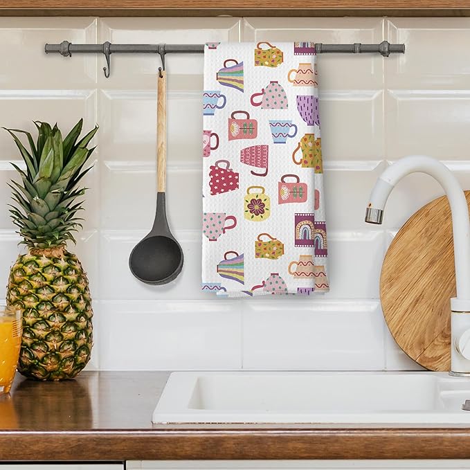 Trendy Teacups Kitchen Dish Towels, Coffee Cups Teapots Kitchen Decor, Aesthetic Garden Tea Lover Gifts for Women Men, Tea Time Hand Towels Kitchen Bathroom Tea Towels Decorations, 16x24inch
