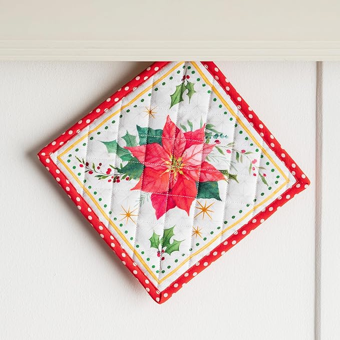 Maison d' Hermine Pot Holders Set 100% Cotton Heat Resistant Potholders 8" x 8" Hot Pads with Loop for Thanksgiving Christmas Decorations Baking Handling Hot Pans (Pack of 2, Poinsettia Christmas)