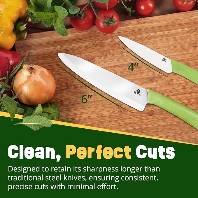 Ceramic Knife Set with Ergonomic Handle, Non-Reactive and Professional Chopping Knife Featuring Sharp, Rust-Proof Blades for Cutting Vegetables & Fruits, Durable Ceramic Kitchen Knives Set 6” & 4”