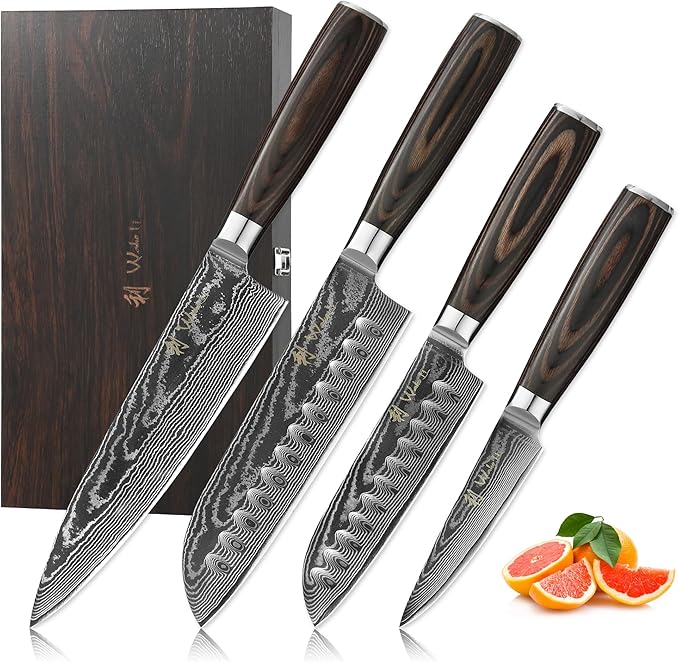 Wakoli EDIB Essentials 4-Piece Damascus Knife Set – Professional Kitchen Knives with VG10 Core, 67-Layer Damascus Steel Blades – Santoku, Chef, Small Santoku & Office Knife with Pakkawood Handles