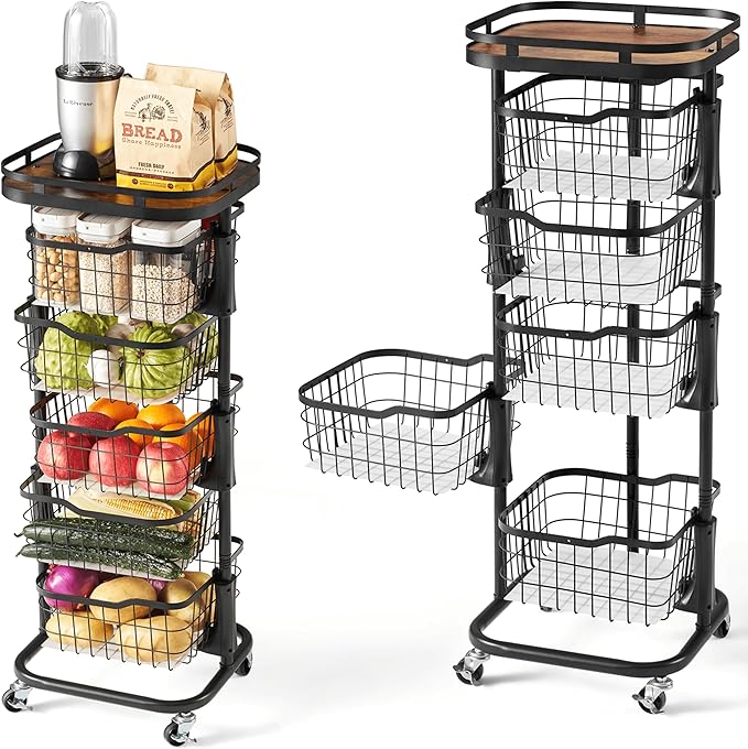 5 Tier Kitchen Fruit Vegetable Storage Cart with One-Piece Rotating Basket, Pantry Organizer Shelf Rack Floor Stand for Veggie Onion Potato Produce Spice, Rolling Snack Cart on Wheels, Black