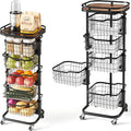 5 Tier Kitchen Fruit Vegetable Storage Cart with One-Piece Rotating Basket, Pantry Organizer Shelf Rack Floor Stand for Veggie Onion Potato Produce Spice, Rolling Snack Cart on Wheels, Black