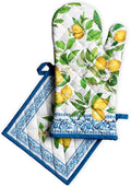 Maison d' Hermine 100% Cotton Oven Mitt & Pot Holder Set (7.5"x13" & 8"x8") Heat Resistant BBQ Cooking Gloves with Loop, Baking, Grilling, Kitchen, Handling Hot Pans Spring/Summer (Cedrat)