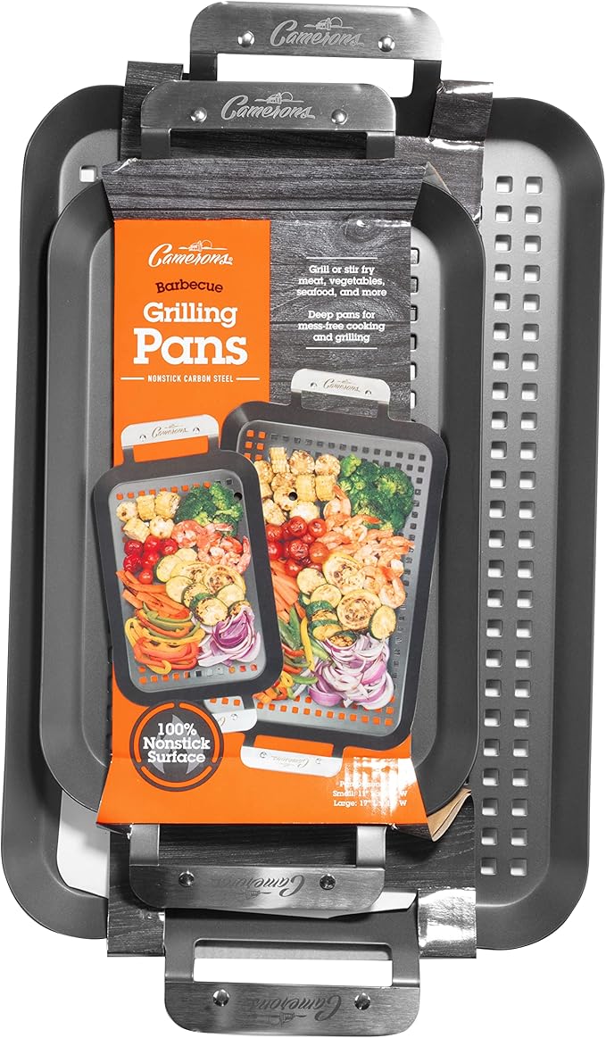 BBQ Grill Topper Grilling Pans (2 Pack)- Non-Stick Barbecue Trays w Stainless Steel Handles- Indoor Outdoor use for Meat, Vegetables & Seafood- Great for Thanksgiving Turkey Dinner & Holiday Xmas Gift