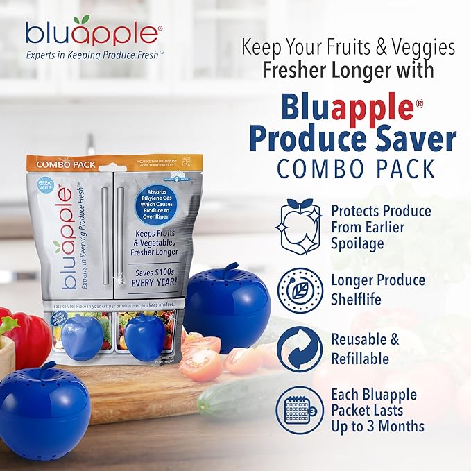 Bluapple Ethylene Gas Absorber Produce Saver Combo Pack - Keeps Fruits & Veggies Fresh in Refrigerator, Lasts up to 3 Months, 8 Packets and 2 Bluapples for 1 Year, Produce Storage, BPA Free, USA Made