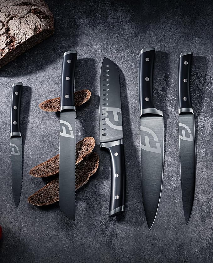 Emojoy Knife Set, Kitchen Knife Set with Block – 17 PCS German Titanium Steel Knives with Heavy-Duty Acacia Wood Block and Built-in Sharpener for Home Cooking, Dishwasher Safe