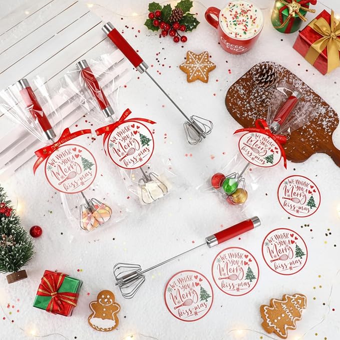 12 Pack Christmas Whisk Gifts Set Bulk Christmas Baking Set Includes Stainless Steel Whisk Xmas Greeting Cards Red Ribbons Clear Plastic Bags for Xmas Kitchen Gifts Cooking Baking Supplies