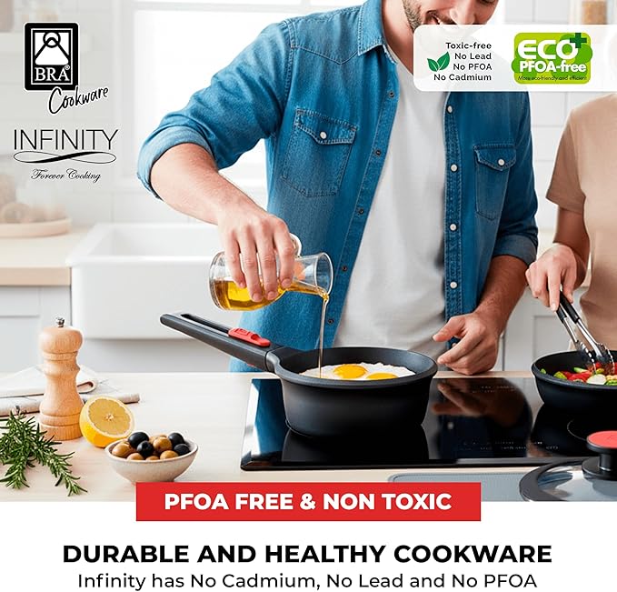 BRA COOKWARE Infinity Nonstick Saucepan with Glass Lid | 6.3 Inch 1.2 Quart Deep Pot | PFAS Free Soup Pot | Deep Pan Ideal for Boiling or Warming on All Cooktops incl. Induction | Removable Handle