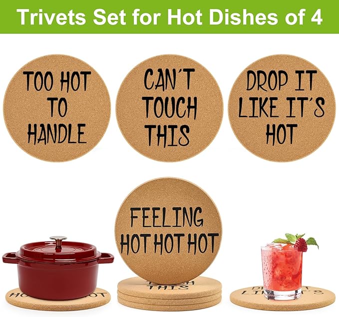Cork Trivets for Hot Dishes Hot Pads for Kitchen Decor Accessories Plant Coasters Cute Silicone Trivet for Hot Pots and Pans Holder Quartz Countertop Trivet Set of 4 Large Coaster Round Cork Placemats