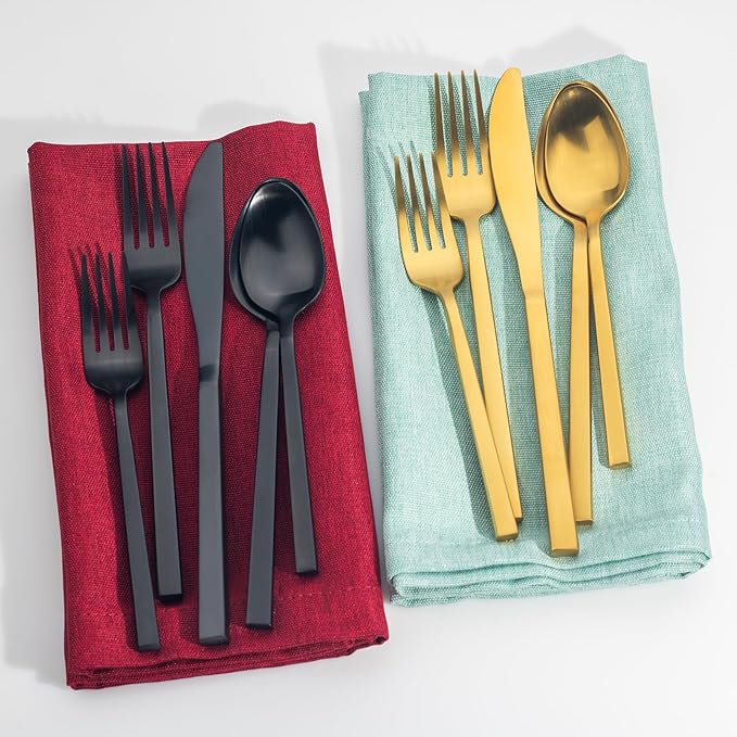 Alata Cube Mixed Black & Gold 40-Piece Forged Silverware Set Stainless Steel Flatware Set,Service for 8,Matte Satin Polished Cutlery Set,Dishwasher Safe