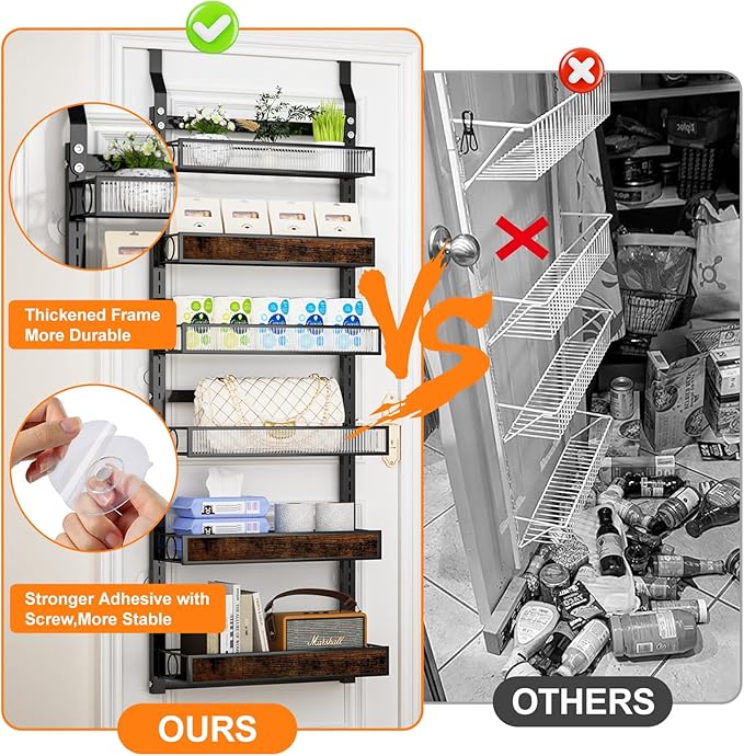 Over the Door Pantry Organizer,6 Tier Wall Mounted Hanging Spice Rack with Adjustable Basket,Heavy Duty Metal Back of Door Storage Shelf for Kitchen Pantry and Bathroom