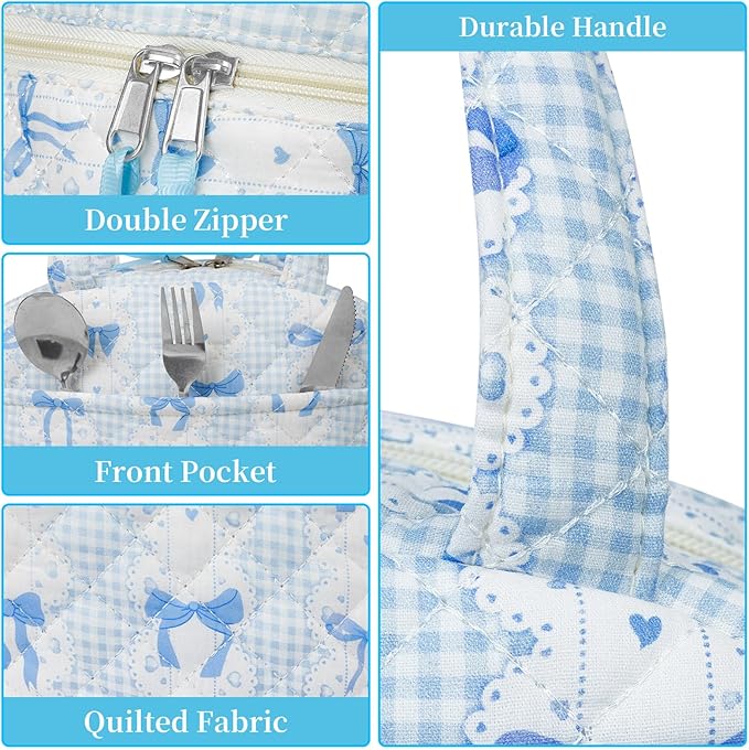 Quilted Lunch Box for Women,Lunch Box for Teen Girls,Cute Blue Bow Lunch Bags for Work, School,Office,Picnic,Travel (Blue Bow)