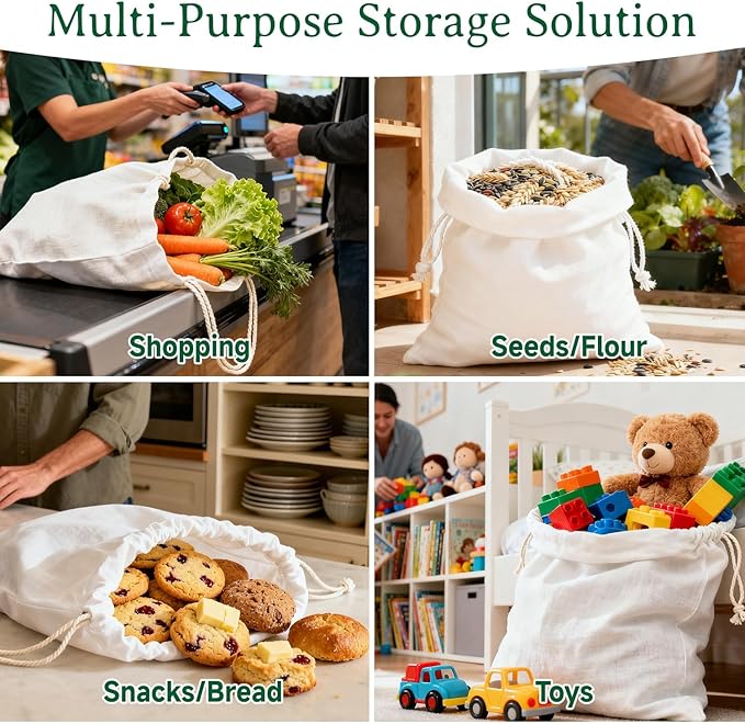 Simple&Opulence 12-Pack 10” x 12” Linen Cotton Drawstring Bags Reusable Grocery Sacks, DIY Craft Sachet Sacks Storage Cloth Bags for Party Wedding Home Bulk Produce Bags, Washable, White