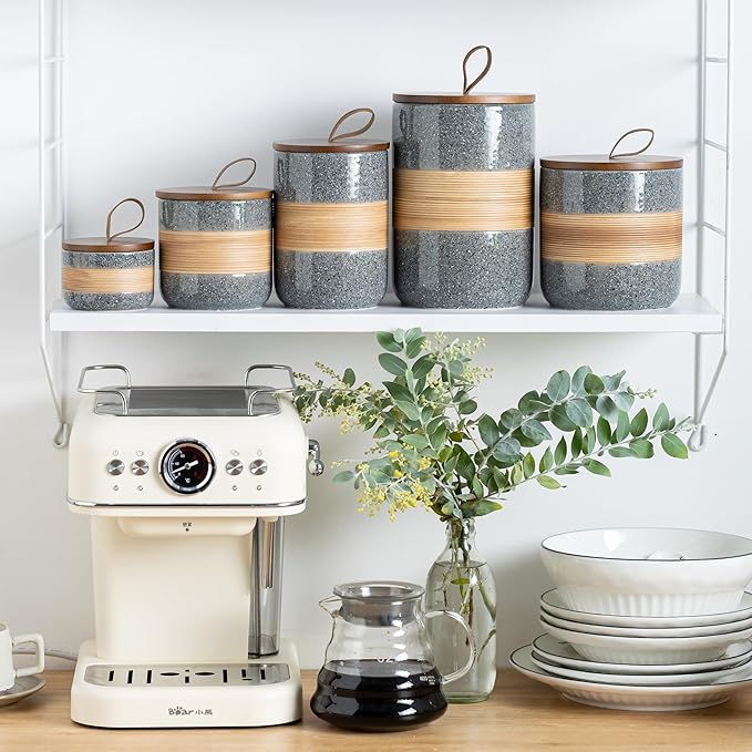Ceramic Jar with Lid Airtight, Coffee Container Kitchen Food Storage Jars for Spice Sugar Tea Bag, Stackable Decorative Jars for Countertop, Grey & 18 fl.oz