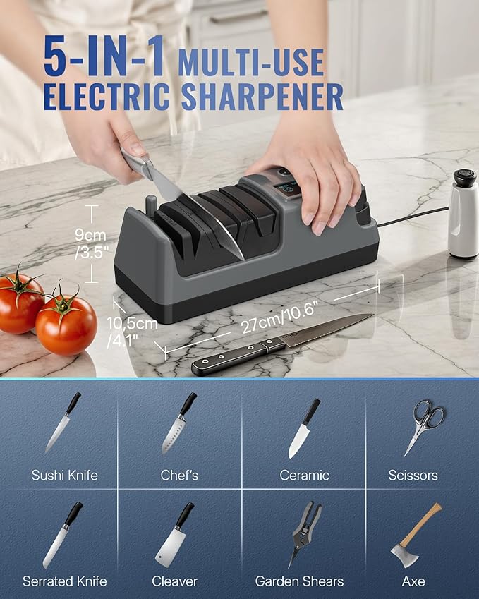 Electric Knife Sharpener, 5-in-1, 3 Rotational Speed Adjustable Electric Knife Sharpener for Straight/Serrated/Ceramic Knives, Scissors, Chef Knives, Axes, Grey H01KS06