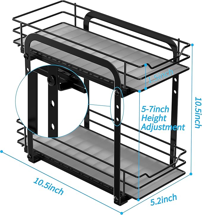 Spice Rack Organizer for Cabinet, 2 Tier Pull Out Spice Organizer for Cabinet Height Adjustable Heavy Duty Metal Basket for Inside Cabinets & Pantry Closet