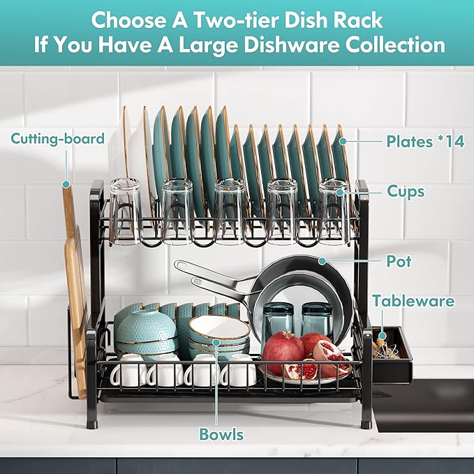 2 Tier Dish Drainers Drying Rack for Kitchen Counter Large Stainless Steel Dishes Drain with Drainboard, Space Saving, Big Modern Black Countertop Metal Plates Dryer Strainer Holder and Extra Tray