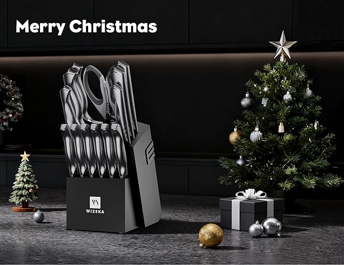 WIZEKA Kitchen Knife Set with Block: Razor Sharp 15 Pcs Professional Chef Knife Set with Knife Sharpener, Food Grade German Stainless Steel Knife Block Set, Jaguar Series