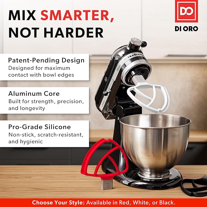 DI ORO Seamless Series Flex Edge Beater for KitchenAid Tilt-Head Stand Mixer - 4.5-5 Quart Flat Beater Paddle - Flexible Silicone Edges for Scraping & Mixing Bowls - Dishwasher Safe & BPA Free (White)