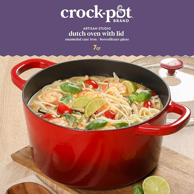 Crock Pot Artisan 7-Quart Round Enameled Cast Iron Dutch Oven With Borosilicate Glass Lid, Heavy-Duty Cookware for Baking, Roasting & Slow Cooking, Red
