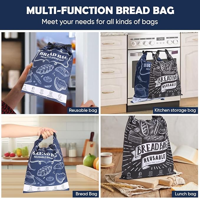Bread Bag, 2 Packs Reusable Sourdough Storage Bag With Zipper for Homemade Loaf- Large Freezer Container Bread Box to Keep Bread Fresh (Black, L)