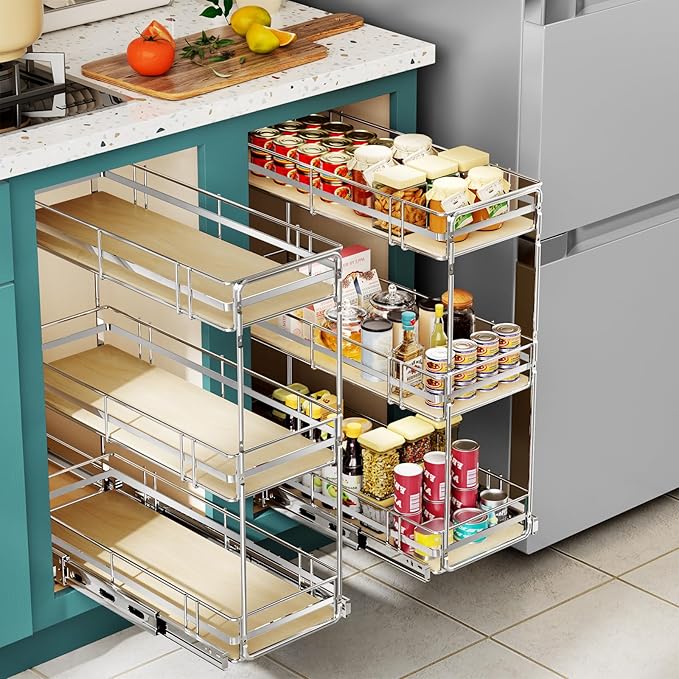 Pull Out Spice Rack Cabinet Organizer 5" W x 20½" D, 3 Tier Heavy Duty Slide Out Wood Shelf for Narrow Cabinet, Pull Out Storage for Kitchen