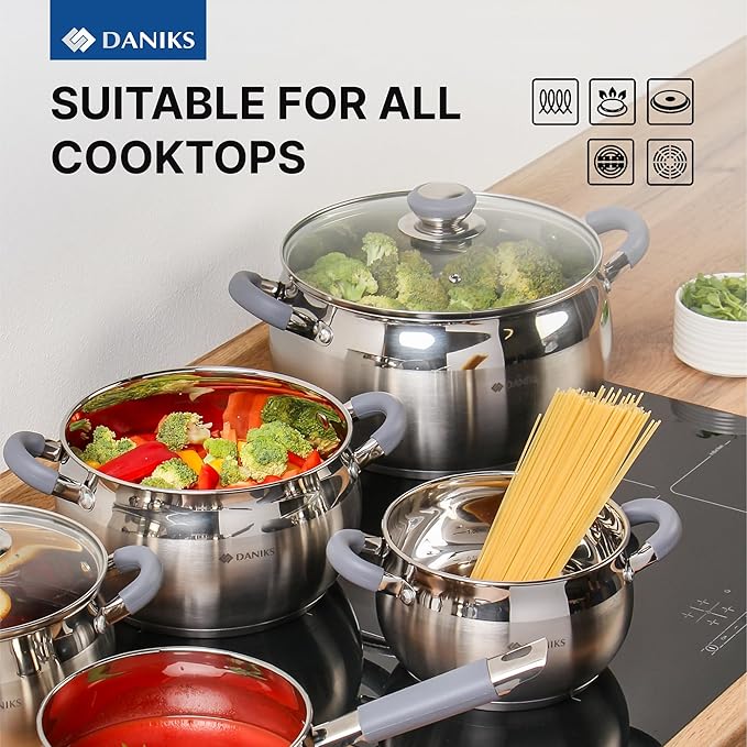 Daniks Modern 7 Quart Stainless Steel Stock Pot with Glass Lid, Tri-Ply Bottom for Even Heating, Induction Compatible, Dishwasher Safe, Heatproof Handles