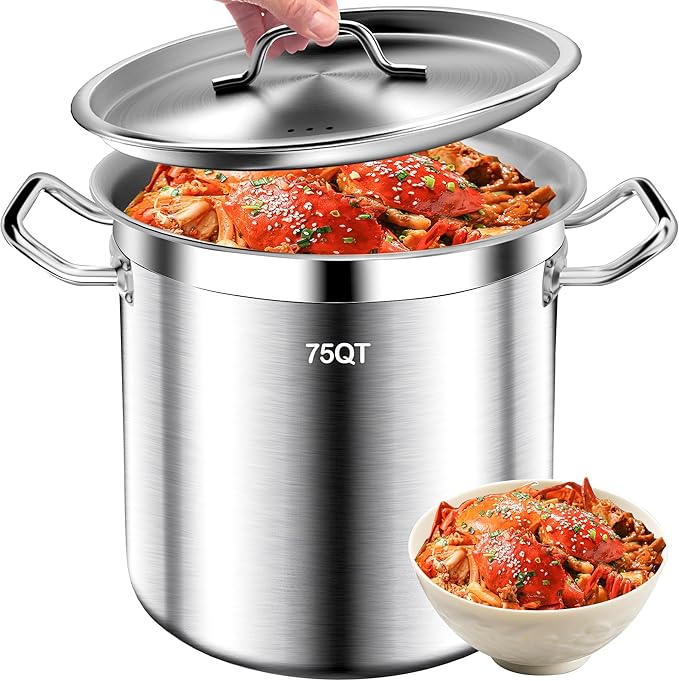 75QT Stainless Steel Stockpot with Lid, Large Stock Pot Heavy Duty Tri-Ply Bottom Commercial Grade Soup Pot for Cooking Soup, Stew, Canning, Oven, Gas, Ceramic, Dishwasher Safe