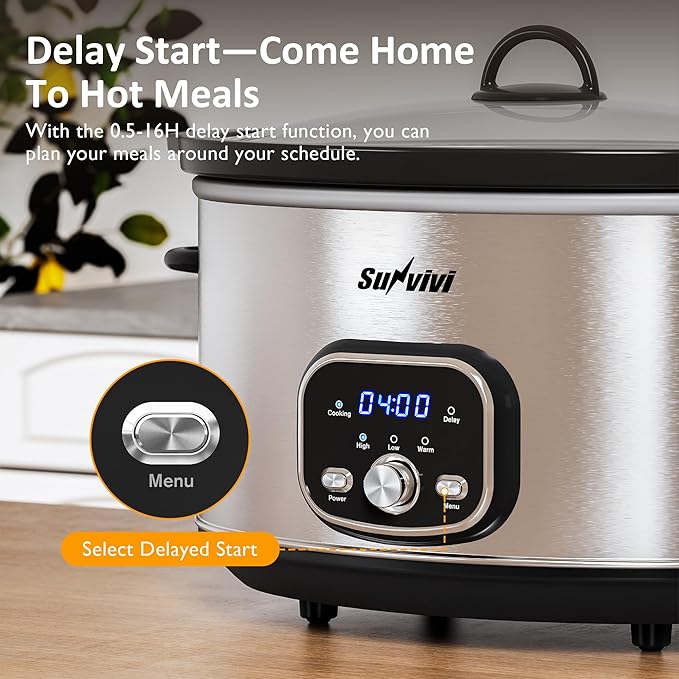 Sunvivi Slow cooker Pot 8.5 QT Programmable Stainless Steel Color : Multi-Cooker Food Warmer with Delay Function, Adjustable Tempature Control, Dishwasher Safe, Perfect for Families, Sliver