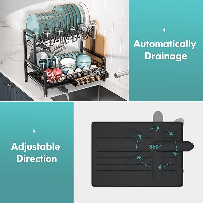 2 Tier Dish Drainers Drying Rack for Kitchen Counter Large Stainless Steel Dishes Drain with Drainboard, Space Saving, Big Modern Black Countertop Metal Plates Dryer Strainer Holder and Extra Tray