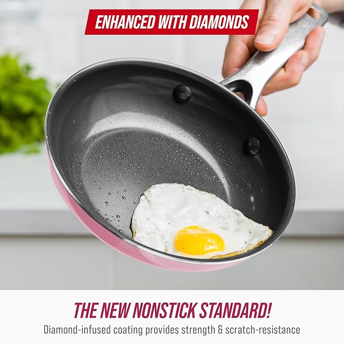 Blue Diamond Frying Pan 8” Skillet, Diamond Infused Healthy Ceramic Nonstick, PFAS and PFOA-Free, Dishwasher and Oven Safe, Even Heating, Metal Utensil Safe, Warp Control Base, Pink
