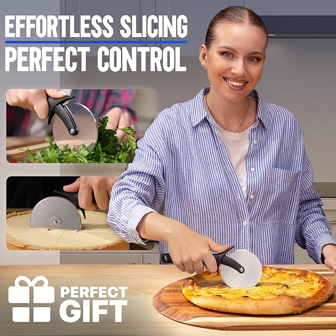 KitchenStar Pizza Cutter Wheel - 304 Stainless Steel Slicer Knife with Super Sharp Blade, Anti-Wobble Axle Mechanism, Ergonomic Non-Slip Handle & Protective Cover, Dishwasher Safe