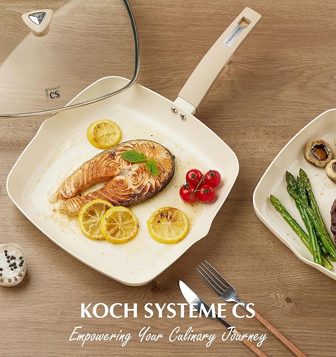 KOCH SYSTEME CS Nonstick Grill Pan for Stove Tops, 11 Inch Square Frying Pan with Lid, Ultimate Ceramic Coating Grill Skillet with Bakelite Handle, Induction Griddle Pan, PFOA Free, Cream White