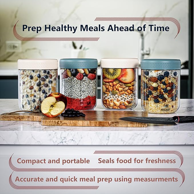 Mason jars 16 oz with lids. Glass meal prep containers. Overnight oats containers with lids. Chia seed pudding jars. Salad jar. Glass jars with airtight lid (4 Pack, Blue & Off-white)