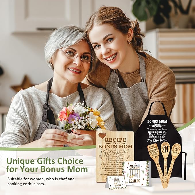 Christmas Bonus Mom Gifts, Bonus Mom Gifts from Bonus Daughter, Bonusmom Wooden Cutting Board Utensils Set with Apron, Great Birthday Xmas Mother's Day Present