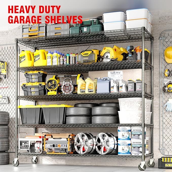 GAOMON 59" W Storage Shelves 86.2" H Heavy Duty Garage Shelving Units with Wheels, 5-Tiers Wire Shelving Rack Metal Storage Shelves for Garage Pantry Kitchen Commercial Industrial, 3300LBS Capacity
