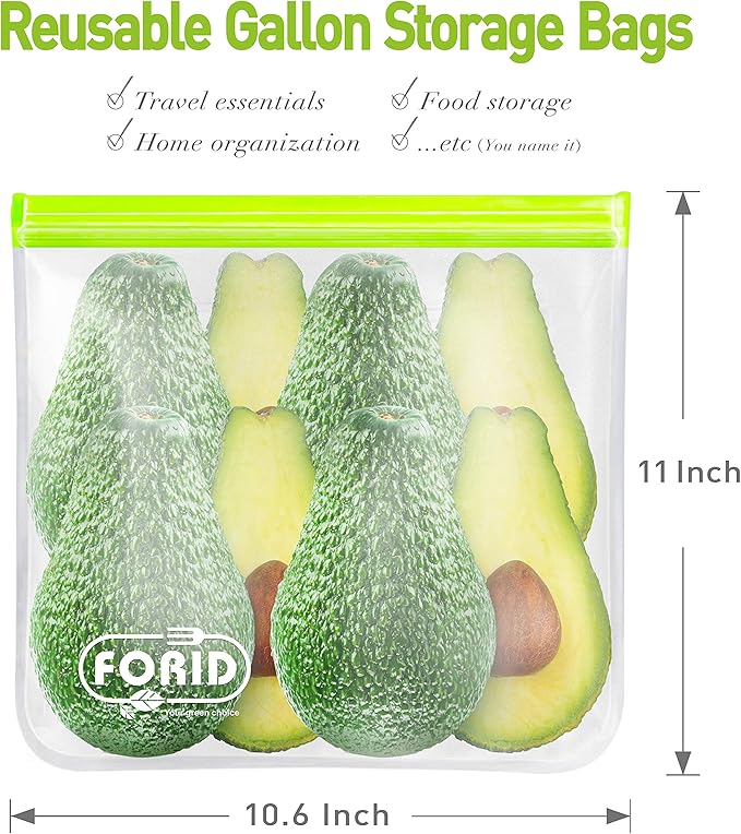 FORID Reusable Gallon Freezer Bags, 6 Pack Leakproof Extra Thick 1 Gallon Bags for Marinate Food & Fruit Cereal Sandwich Snack Meal Prep Travel Items Home Organization Storage