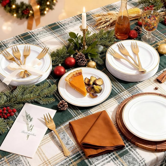 WELLIFE 60 PCS Gold Plastic Dessert Plates and 60 PCS Forks, 6.3 inch Disposable Salad Plates, Premium White Appetizer Plates with Gold Rims, Perfect for Party and Christmas