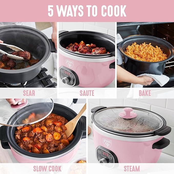 GreenLife 3.5QT Slow Cooker, PFAS-Free Non-Toxic Ceramic Nonstick Removable Interior Bowl, Programmable, Keep Warm, Stovetop & Oven Safe Pot, Dishwasher Safe Crock & Glass Lid, Pink