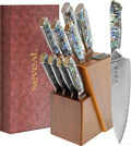 Damascus Kitchen Knife Set, 67-Layer Damascus Steel, Professional Chef Knives Set for Kitchen, Ergonomic Wood & Resin Handle (Blue, 9 pieces with Wooden Block)